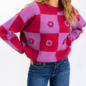 Entro Women's Long Sleeve Flower Detailed Color Block Checkered Pullover Sweater